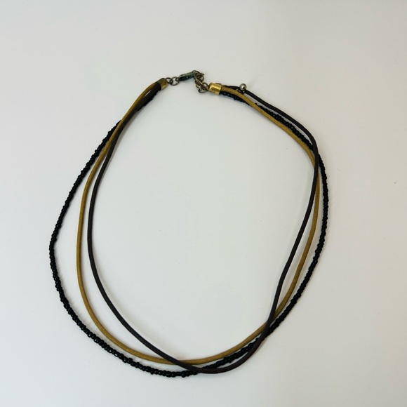 Vintage Triple Strand Cord & Beaded Necklace | Black Brown Gold Tones - Picture 2 of 3